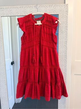 Knox Rose Red Tiered Cotton Dress with Tassel Detail